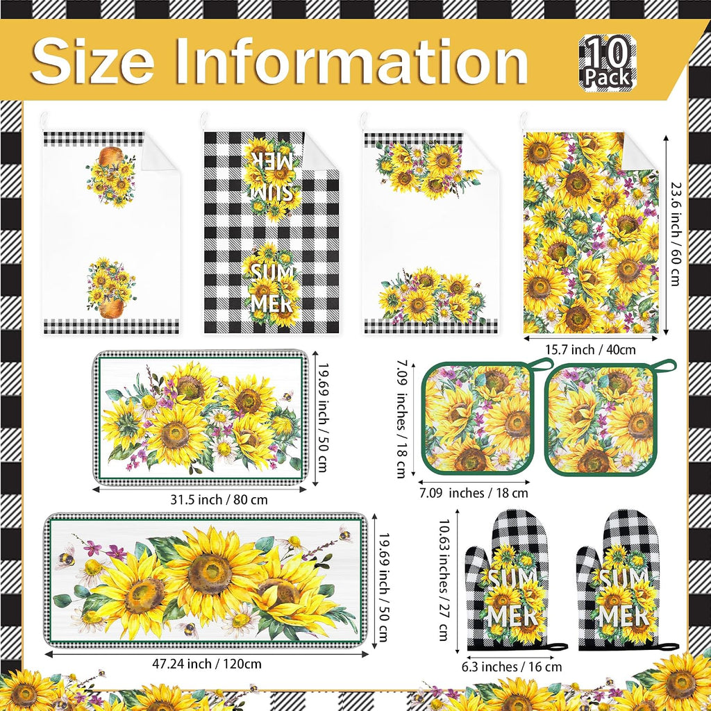 10 PCS Sunflower Plaid Kitchen Decor and Accessories - Sets 4 Kitchen