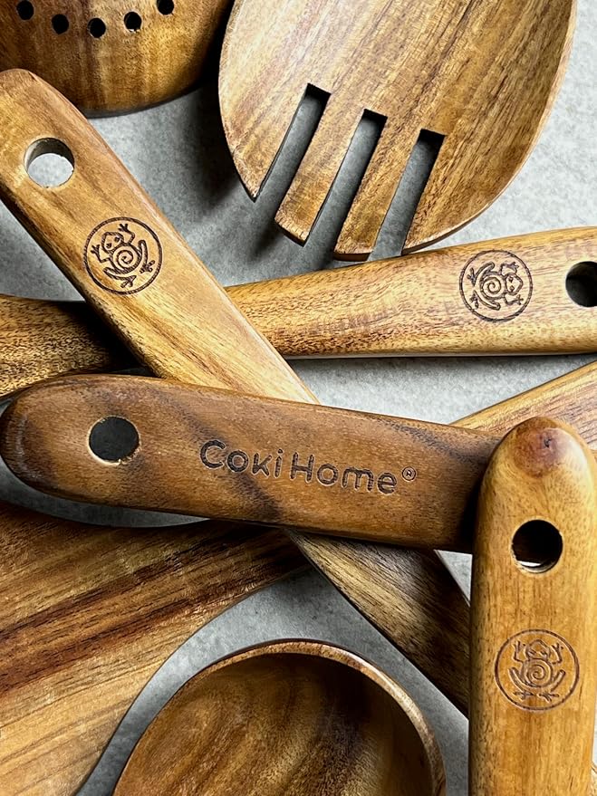 Wooden Cooking Utensils Set – Coki Home 9-Piece Teak Wood Kitchen Utensils - Image 4