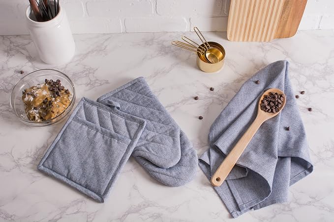 DII 100% Cotton Solid Chambray Kitchen Set, Potholders, 2 Piece - Image 6
