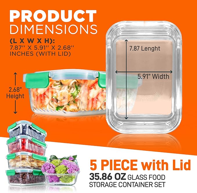 NutriChef 10-Piece Superior Glass Food Storage Containers Set, Stackable - Image 2