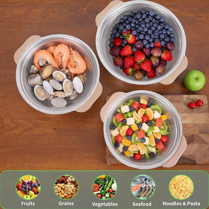 Colander Set with Plastic Handles, Stainless Steel Micro-Perforated Colanders - Image 6