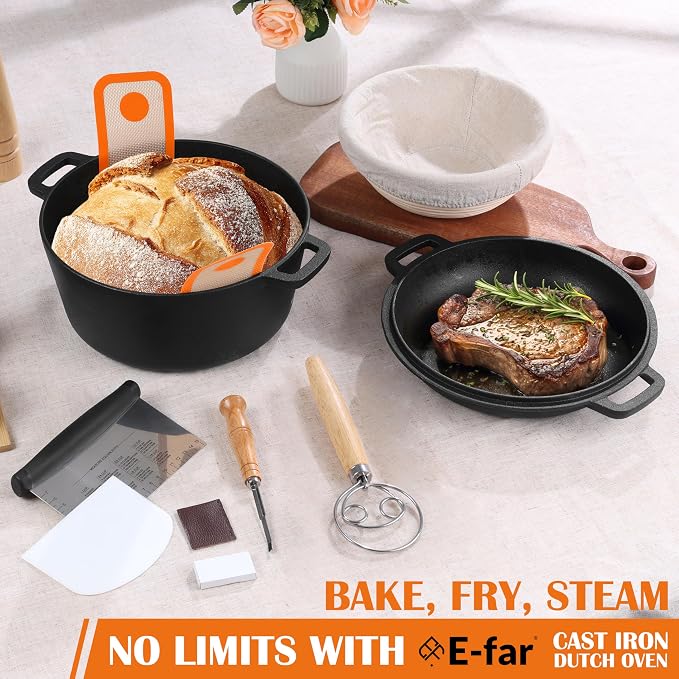E-far 5QT Dutch Oven for Bread Baking, 2-IN-1 Cast Iron Pot - Image 7