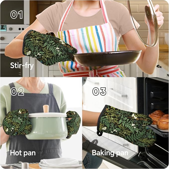 Botanical Print Floral Oven Mitts and Pot Holders Sets Black Sage Green Leaves - Image 5