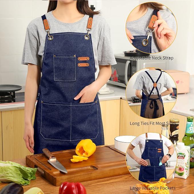 Tosewever Canvas Cross Back Chef Cotton Aprons - Image 3