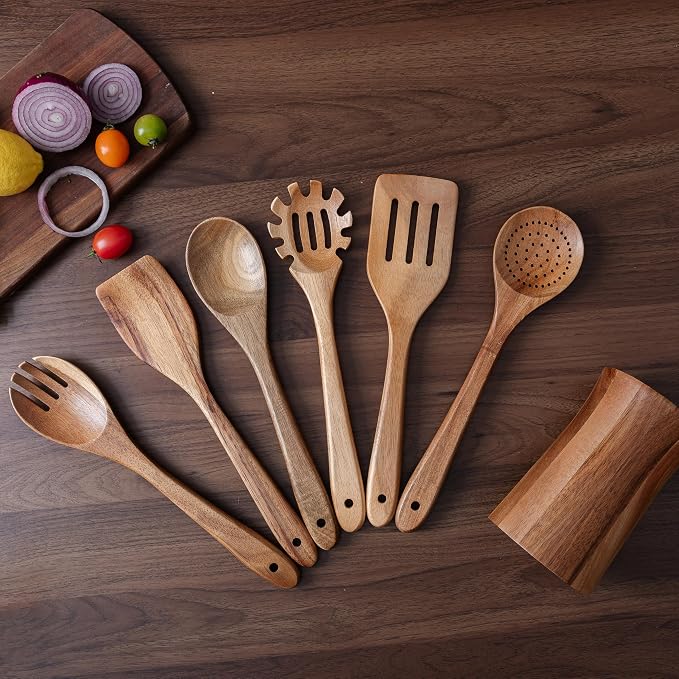 7 Piece Natural Acacia Wooden Kitchen Utensil Set - Image 2