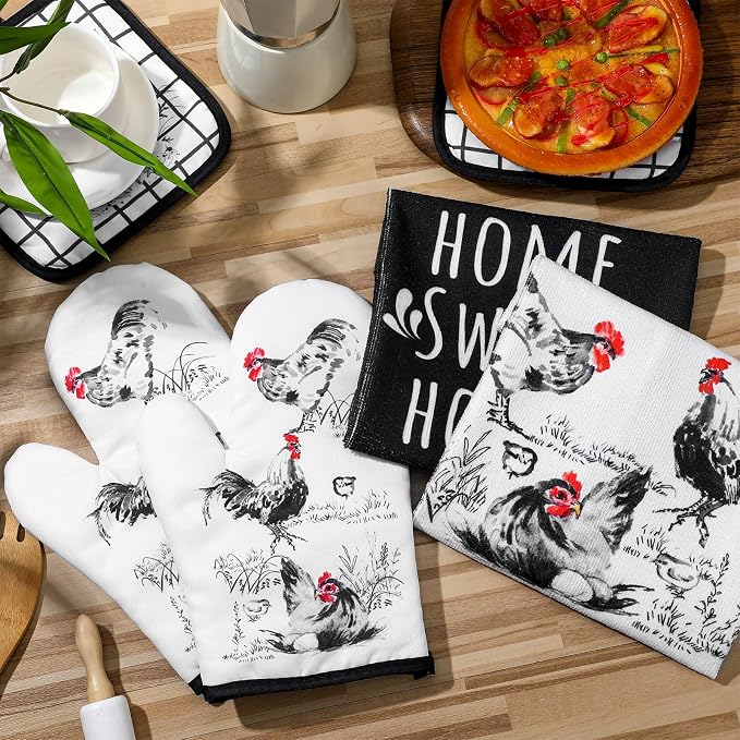 Leinuosen 6 Ink Rooster Farmhouse Kitchen Decor Dish Towels Oven Mitts and Pot - Image 6
