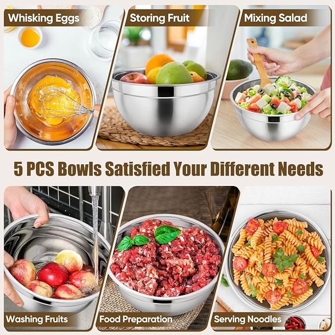 P&P CHEF Mixing Bowls with Airtight Lids Set of 5, 10-Piece Stainless Steel - Image 5