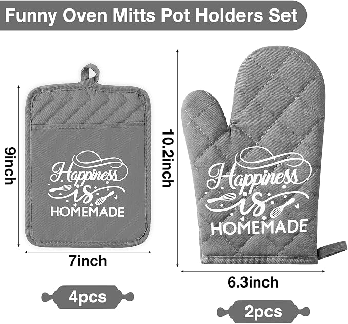 GROBRO7 6Pcs Cotton Oven Mitts and Pot Holders Set Happiness is Homemade Heat - Image 2