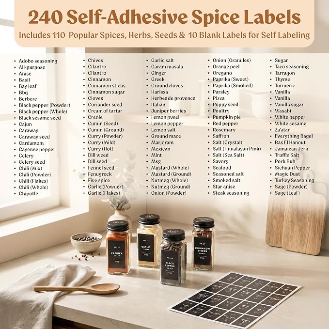 EDELHAUS Glass Spice Jars with Label and Black Aluminium Lids Spice Containers - Image 6