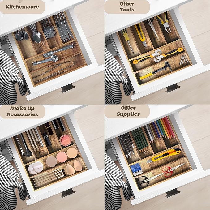 KITEISCAT Acacia Wood Silverware Organizer, Kitchen Utensil Drawer Organizer - Image 7