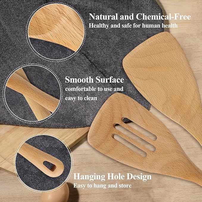 Wooden Spatula Set, 6 Pack Kitchen Wood Slotted Spoon Spatulas Turner Utensils - Image 5