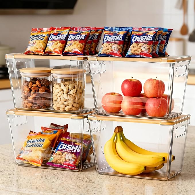 4 Pack Clear Storage Bins with Bamboo Lid, Garbage Bag Dispenser, Pantry - Image 2