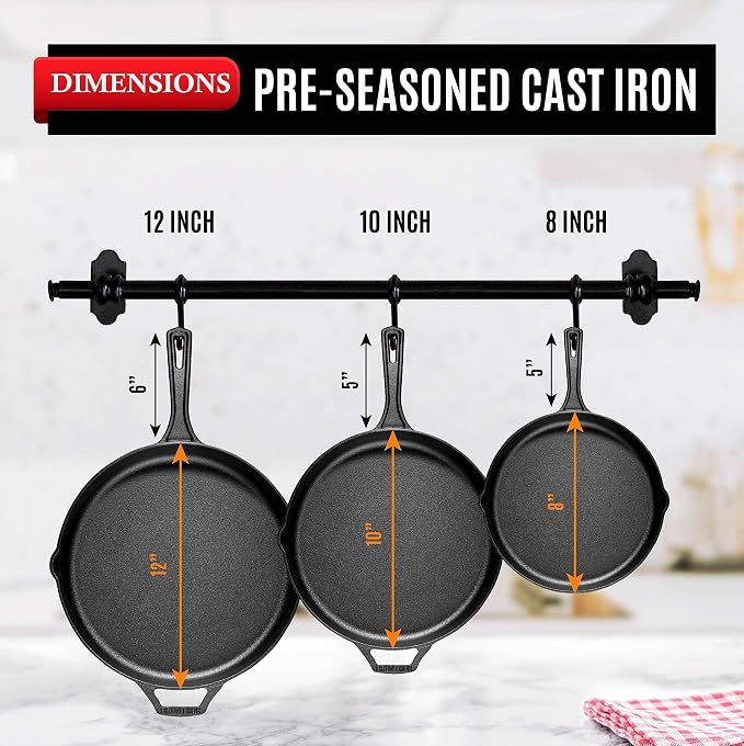 Bruntmor 8, 10 and 12 Inch Pre-Seasoned Frying Pan Set of 3, Oven Safe Skillet - Image 6