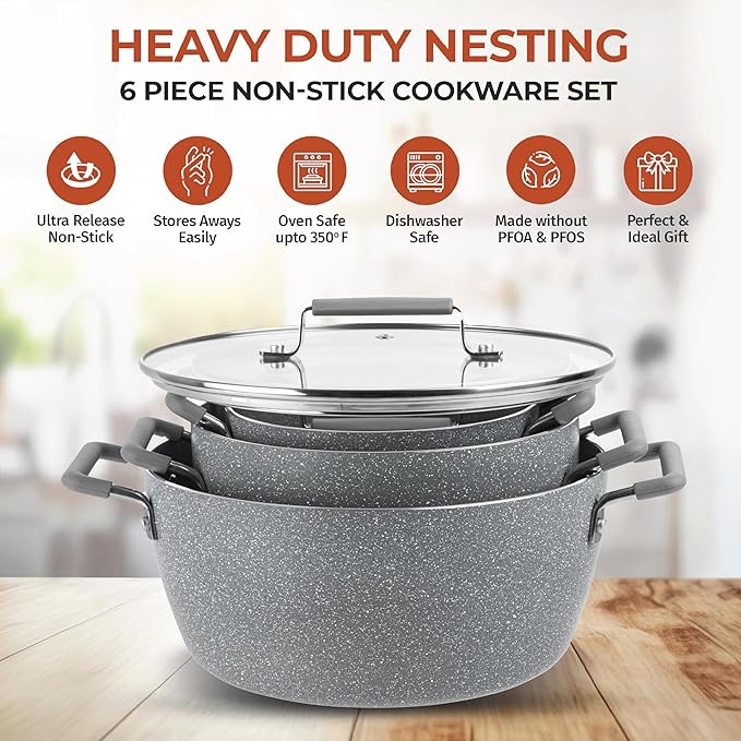 Granitestone Gray Pots and Pans Set Nonstick, 6 Stackable Piece Cooking Pots Set - Image 5