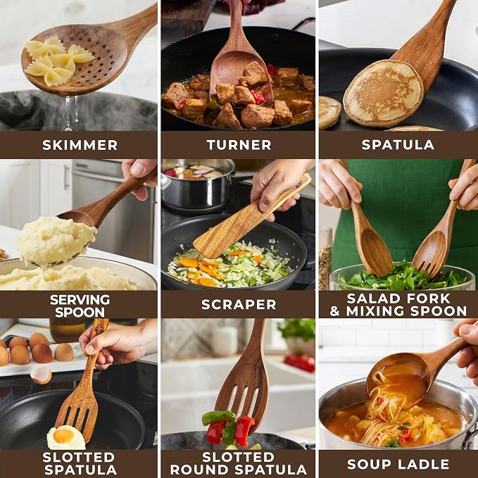 Wooden Spoons for Cooking – 10 Pcs Premium Teak Wooden Utensil Set - Image 4