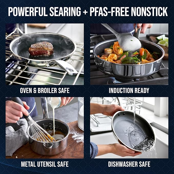 Blue Diamond Hybrid Nonstick Stainless Steel 12 Piece Cookware Set, Tri-Ply - Image 4
