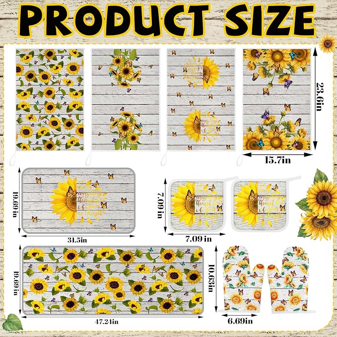 Fourluoo 10 Pcs Sunflower Kitchen Decor Set Butterfly Towels and Rugs Oven - Image 3