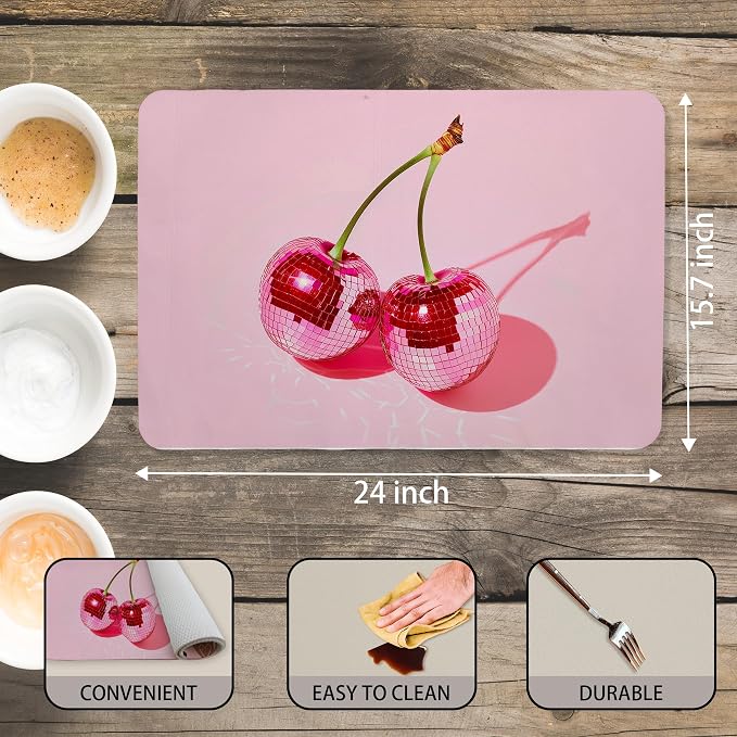 Pink Cherry Disco Ball Dish Drying Mat, Preppy Glam Cherries Coffee Bar Mat - Image 3