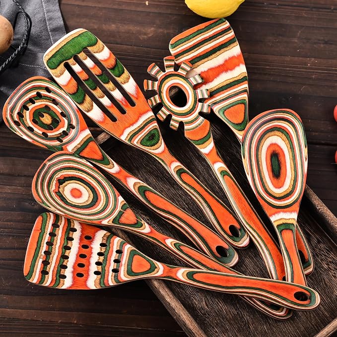 Gudamaye Pakkawood 7-Piece Red Wooden Cooking Utensils, Wooden Spoons - Image 7