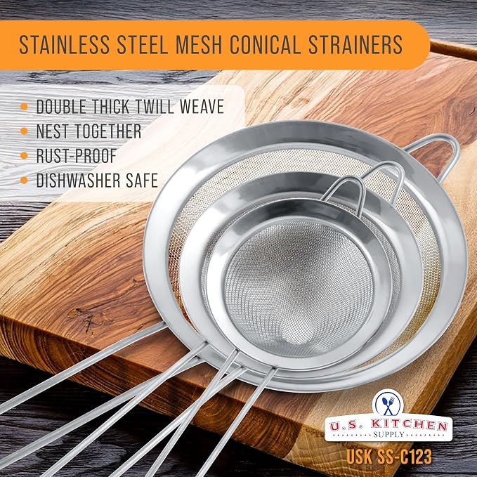 U.S. Kitchen Supply Set of 3 Stainless Steel Conical Strainers - Image 2