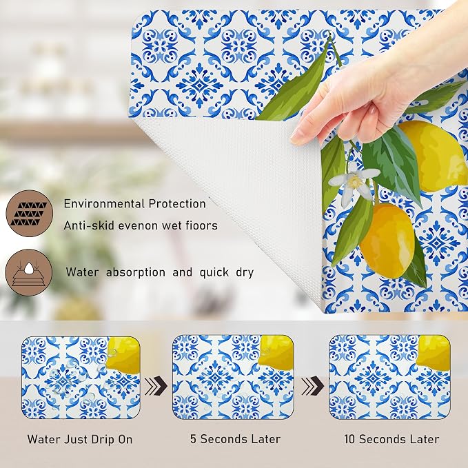 Blue and White Floral Lemon Dish Drying Mat, Mediterranean Tiles Coffee Bar Mat - Image 7