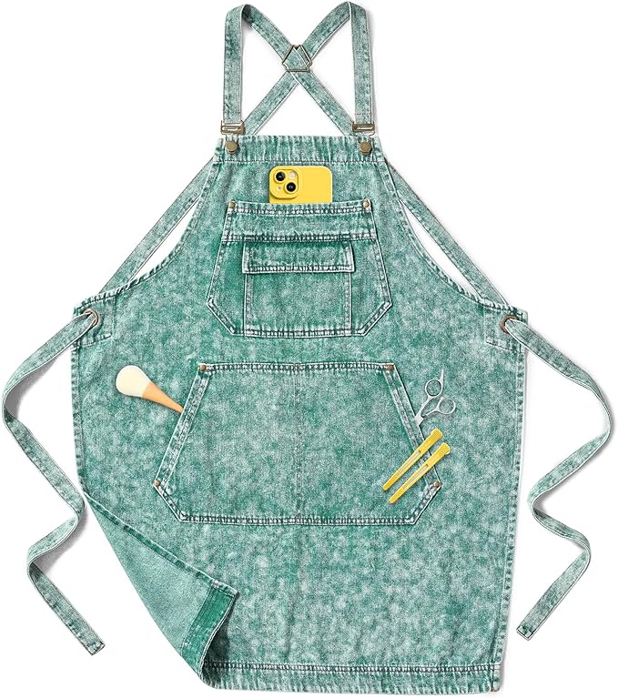 Denim Apron with Pockets for Hair Stylist Gardening Craftsmen Barista Women by Vammcht