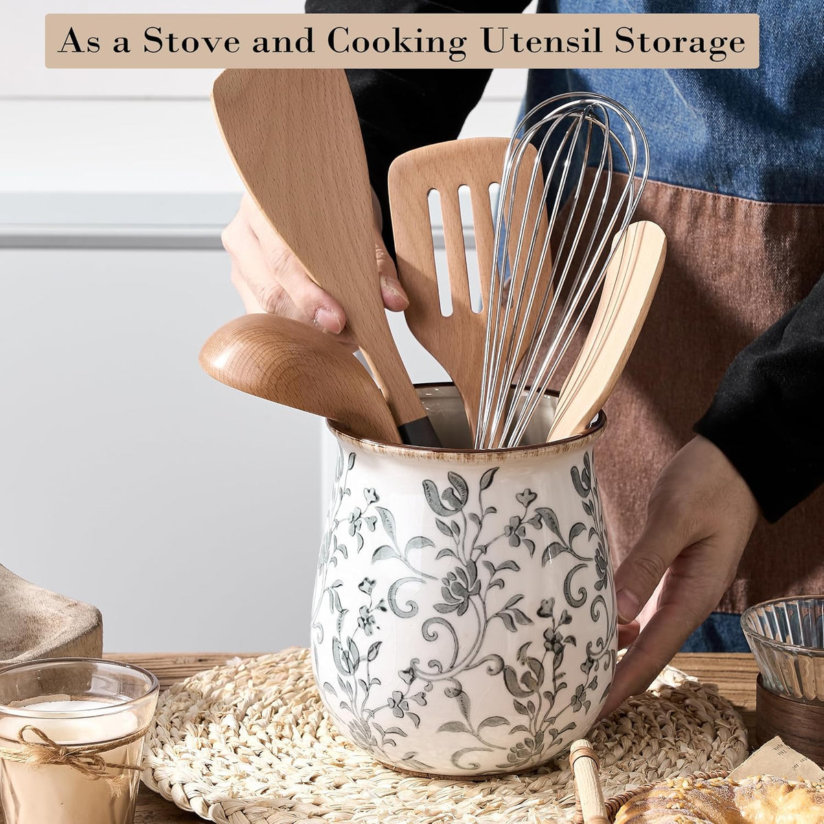 Utensil Holder for Kitchen Counter, Modern Farmhouse Cooking Utensil