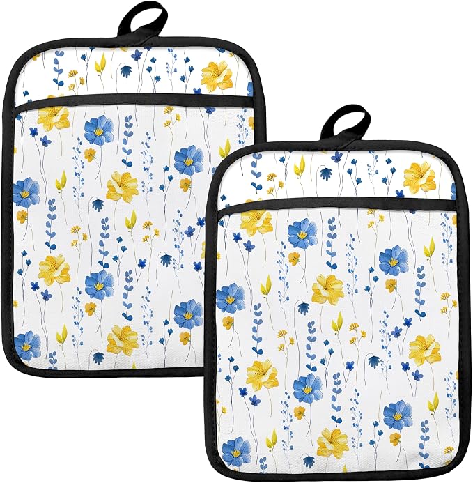 Blue and Yellow Floral Oven Mitts Set, Pot Holders by HUGANE