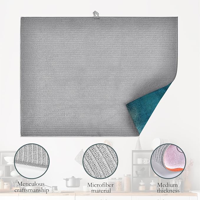 Teal Grey Abstract Art Dish Drying Mat, Drying Rack Pad Countertop Dishes Ultra - Image 4