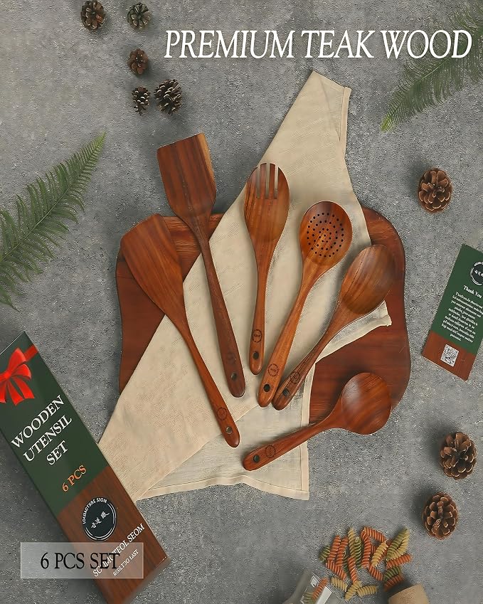 6-Piece Natural Teak Wood Utensil Set - Image 2