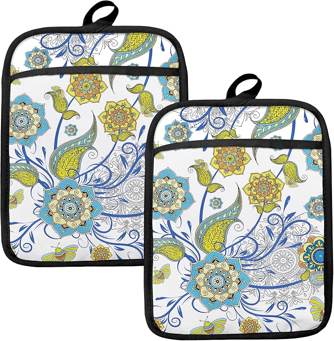 Boho Floral Oven Mitts Set, Vintage Luxury Blue and Gold Flower Floral Heat by HUGANE