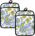 Boho Floral Oven Mitts Set, Vintage Luxury Blue and Gold Flower Floral Heat by HUGANE