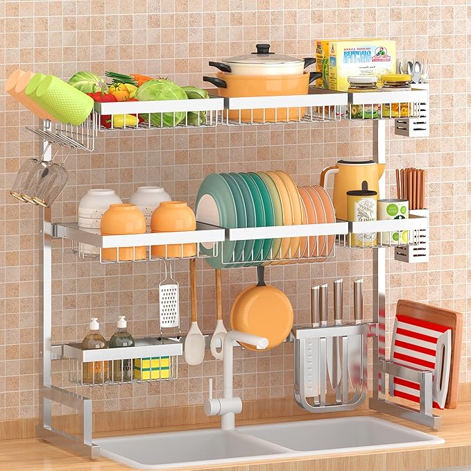 PUSDON Over Sink Dish Drying Rack Stainless Steel, Adjustable Large Dish Drainer - Image 6
