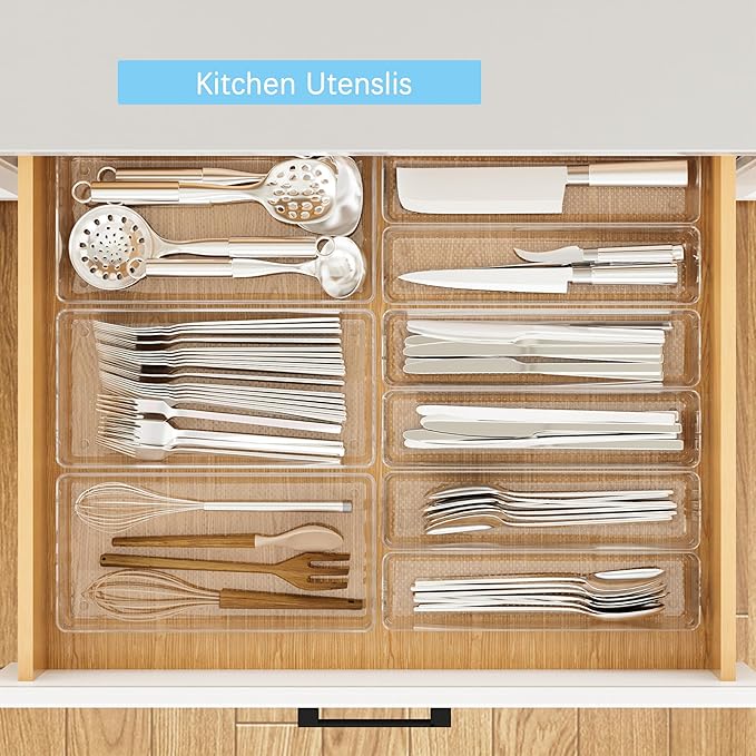 3 Pack Clear Plastic Drawer Organizer Tray Cutlery Utensil Makeups Drawer - Image 2