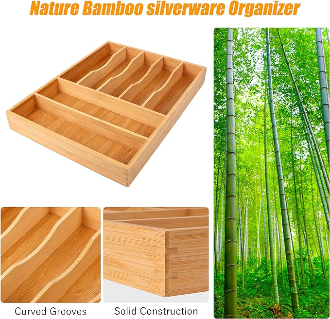 Bellsal Bamboo Silverware Drawer Organizer, Kitchen Utensil Drawer Organizers - Image 5