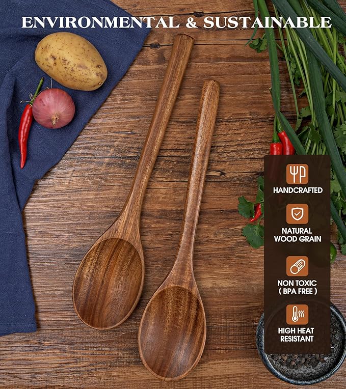 2PCS Wooden Spoons for Cooking, Natural Acacia Wood Cooking Spoons, Large - Image 5