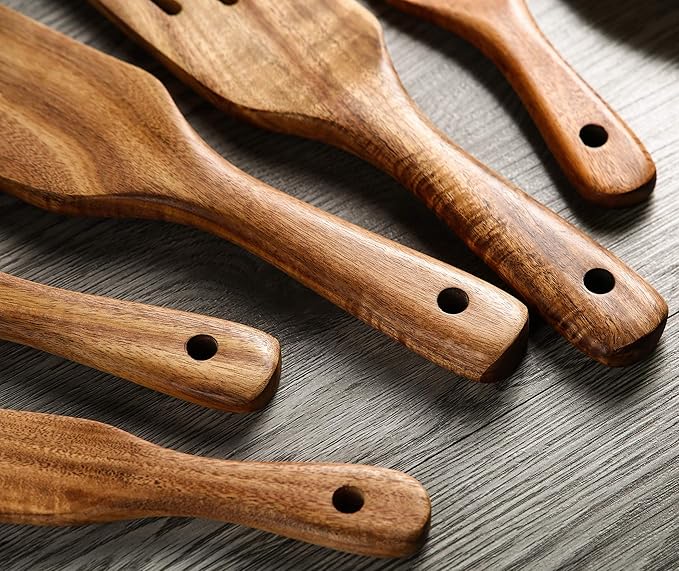 Wooden Spurtles Set with Holder, Natural Teak Kitchen Utensil Set of 6 - Image 5