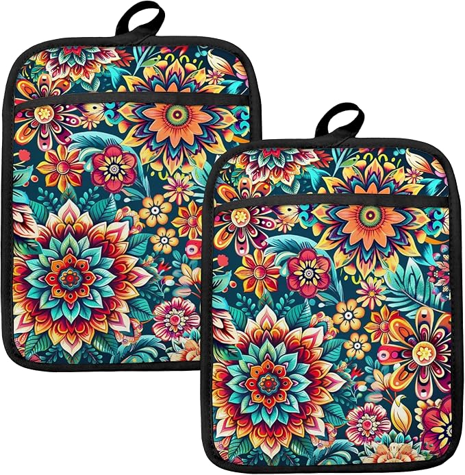 Vibrant Mandala Floral Pot Holders by HUGANE