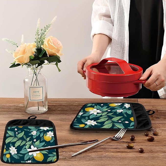 Dark Green Lemon Floral Pot Holders - Image 5