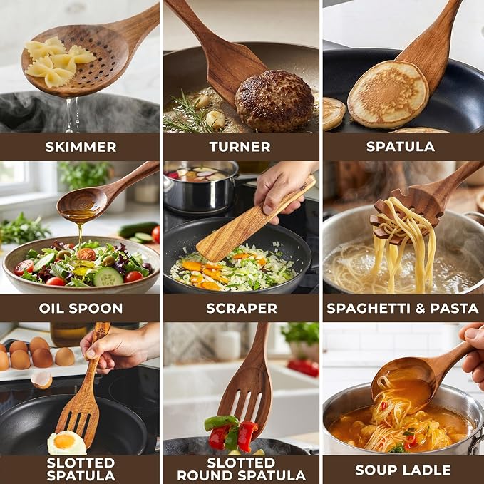 Wooden Spoons for Cooking – 13 Pcs Premium Teak Wooden Utensil Set - Image 8