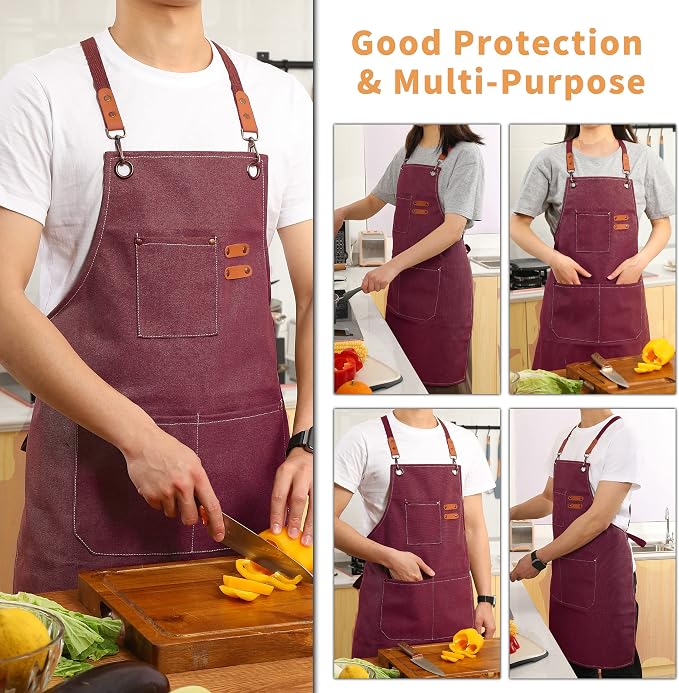 Tosewever Canvas Cross Back Chef Cotton Aprons - Image 6