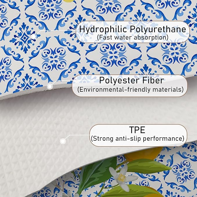 Blue and White Floral Lemon Dish Drying Mat, Mediterranean Tiles Coffee Bar Mat - Image 6