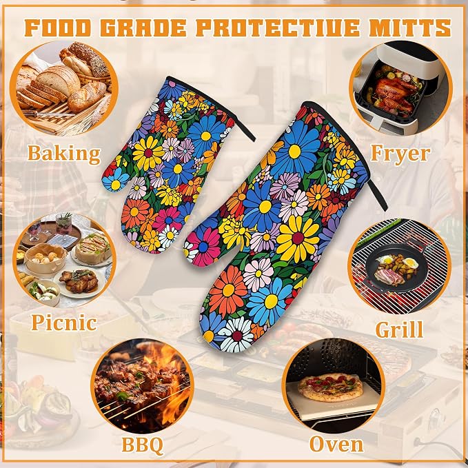 Abstract Hippie Flower Oven Mitts and Pot Holders, Heat Resistant Oven Mitts - Image 5