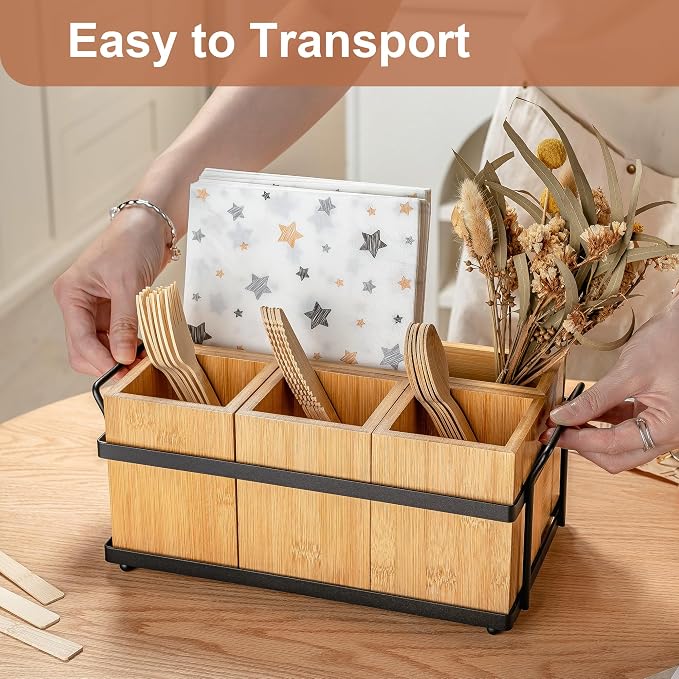 PTSTING Silverware Caddy Wood Utensil Holder Paper Plate Dispenser Silverware - Image 2