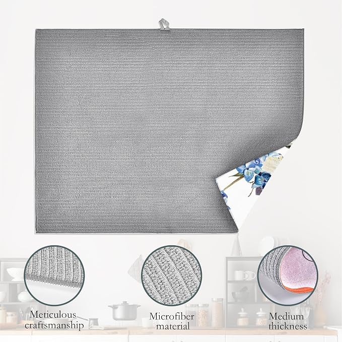 Blue Hydrangea Flowers Dish Drying Mat, Bird Drying Rack Pad Countertop Dishes - Image 4