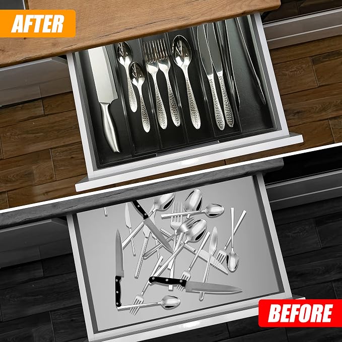 Bellsal Black Silverware Organizer Kitchen Drawer Organizer Expandable Bamboo - Image 3