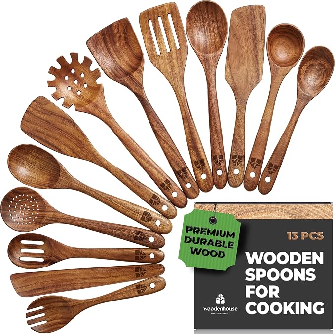 Wooden Spoons for Cooking – 13 Pcs Premium Teak Wooden Utensil Set by Woodenhouse