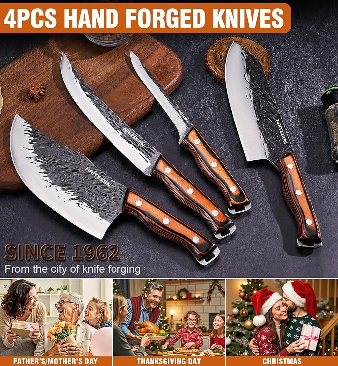 Naitesen 4PCS Hand Forged Butcher Knife and Kitchen Knife 2 in 1 Set, Heavy - Image 7