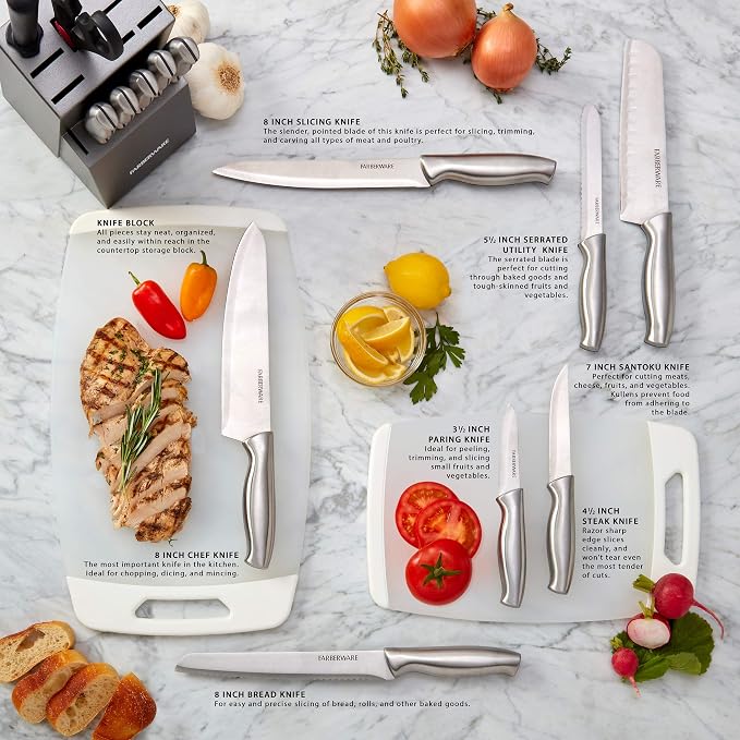Farberware 15-Piece Stamped Stainless Steel Knife Block Set, High-Carbon - Image 5