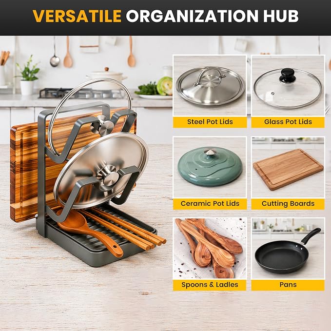 Pot Lid Holder with Removable Drip Tray, Kitchen Pot Lid Storage Rack - Image 4